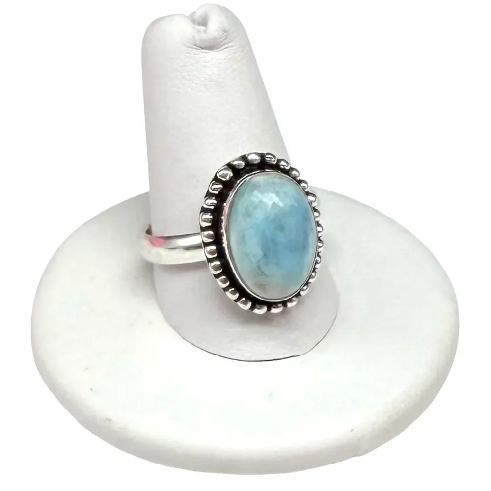Larimar Ring Size 10 925 Sterling Silver Overlay Natural Stone Blue Oval Boho - Picture 9 of 9